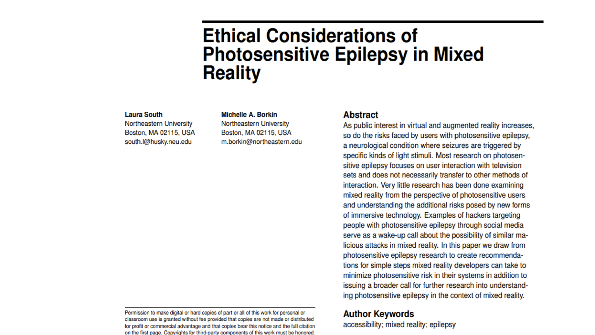 A screengrab of the first page of the paper is shown. The title of the paper is 'Ethical considerations of photosensitive epilepsy in mixed reality' and the authors are Laura South and Michelle A. Borkin.